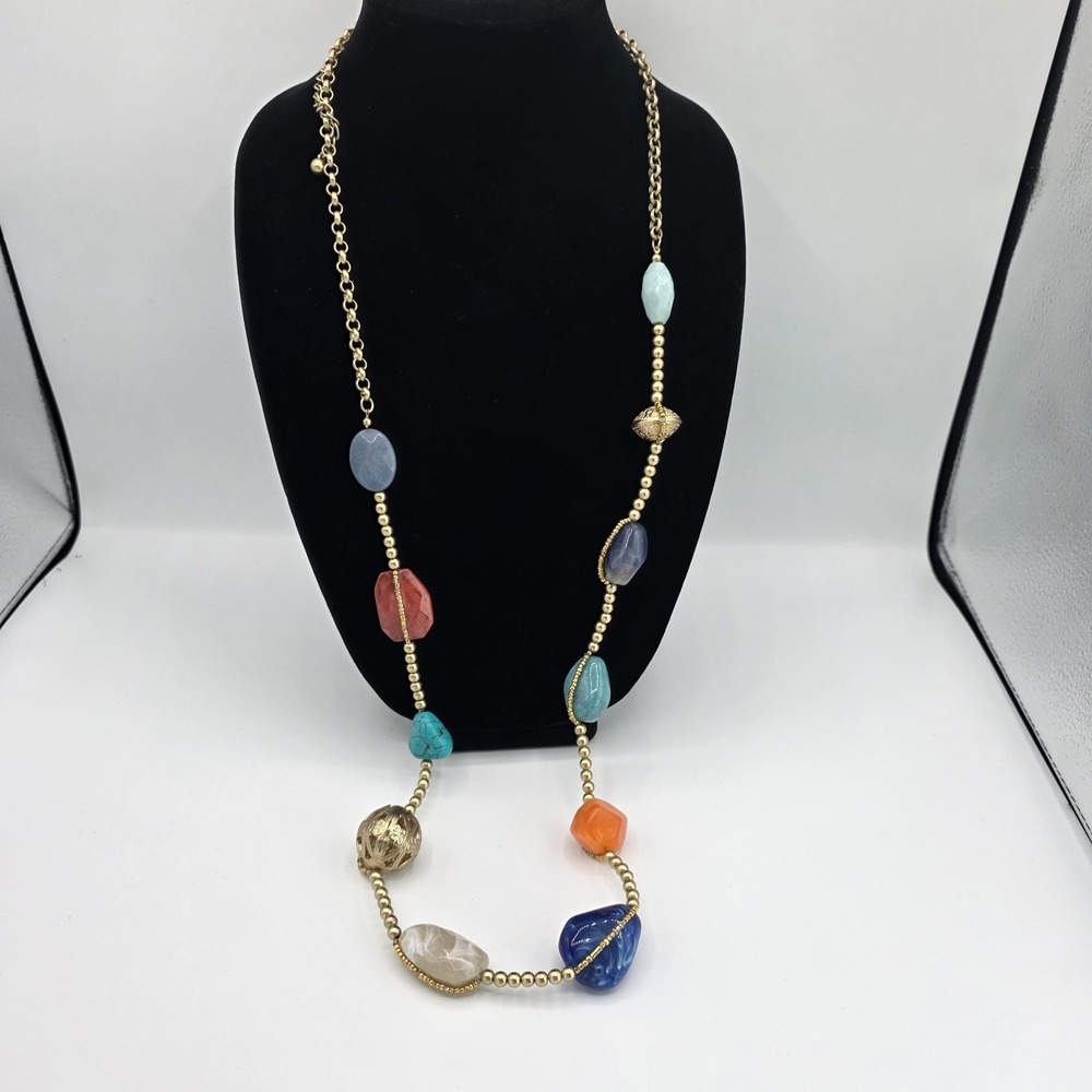 Chicos Womens Beaded Multicolor Stone Necklace Gold Tone Chain Holiday 49"